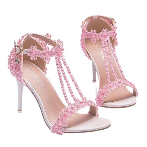 Surwin Sandalen Damen Sommer mit Absatz, Stiletto Absatzschuhe Damen Sandalen Spitze Dekoration EU 34-43 Elegant High Heels Sandaletten 9.5cm Pumps Offen Frauen Absatzschuhe (Rosa,39) von Surwin