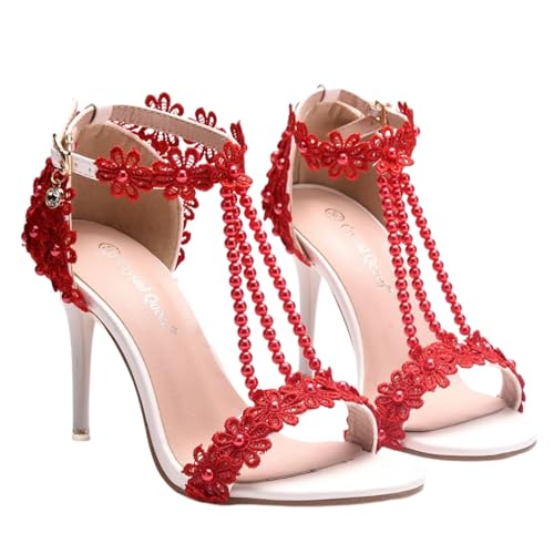 Surwin Sandalen Damen Sommer mit Absatz, Stiletto Absatzschuhe Damen Sandalen Spitze Dekoration EU 34-43 Elegant High Heels Sandaletten 9.5cm Pumps Offen Frauen Absatzschuhe (Rot,38) von Surwin
