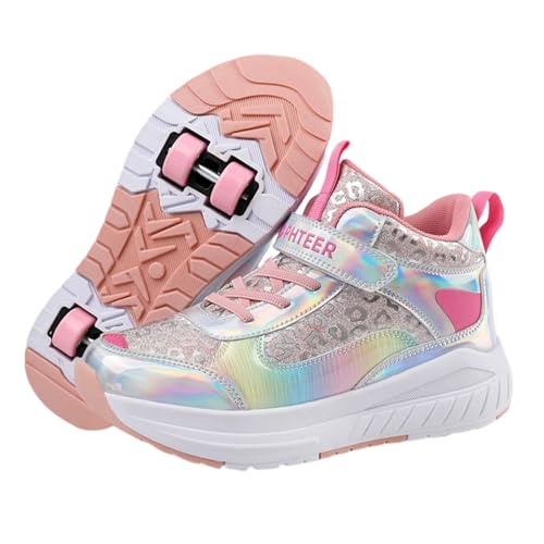 Surwin Schuhe mit Rollen Kinder Mädchen Jungen, Leopard Drucken Halbhoher Turnschuhe mit 4 Rollen Nylonschnalle Rollschuhe Schuhe Skateboardschuhe Roller Skate Shoes Rollschuhe (Bunt,30) von Surwin