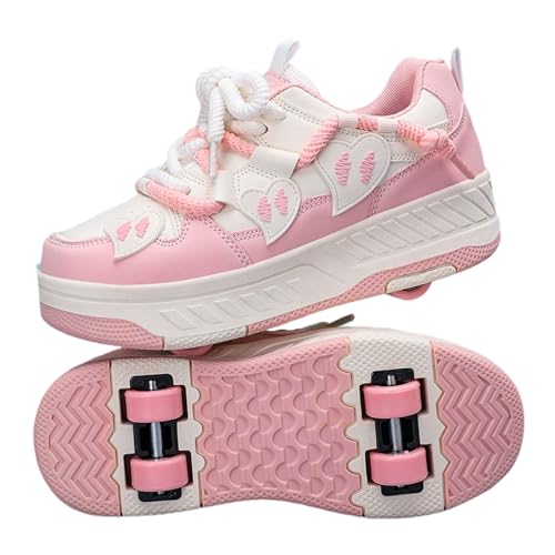 Surwin Schuhe mit Rollen Kinder Mädchen Jungen, Liebesherz Stil Turnschuhe mit 4 Rollen Schnüren Design Rollschuhe Schuhe Skateboardschuhe Roller Skate Shoes Rollschuhe Sneaker (Rosa 1,35) von Surwin