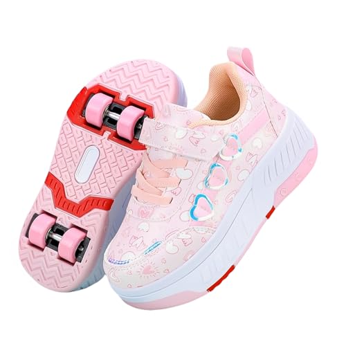Surwin Schuhe mit Rollen Kinder Mädchen Jungen, Liebesmuster Vier Räder Turnschuhe mit Einziehbaren Hinterrädern, Rollschuhe Schuhe Skateboardschuhe Roller Skate Shoes (Rosa,31) von Surwin
