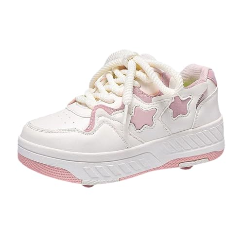 Surwin Schuhe mit Rollen Kinder Mädchen Jungen, Stern Stil Turnschuhe mit 4 Rollen Schnüren Design Rollschuhe Schuhe Skateboardschuhe Roller Skate Shoes Rollschuhe Sneaker (Rosa,31) von Surwin