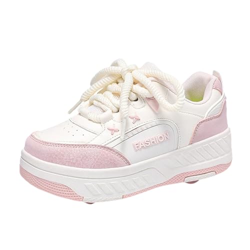 Surwin Schuhe mit Rollen Kinder Mädchen Jungen, Turnschuhe mit 4 Rollen Rollschuhe Schuhe Schnüren Design Skateboardschuhe Roller Skate Shoes Rollschuhe Sneaker für Sport (Rosa,31) von Surwin