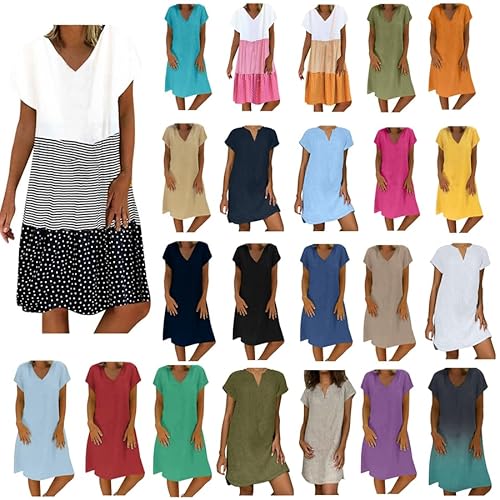 Leinenkleid Damen Sommerkleid V-Ausschnitt Kurzarm T Shirt Kleider Einfarbig Retro Baumwolle Leinen Pulloverkleid Vintage Strandkleid Locker Shirtkleid Knielang Blusenkleid Große Größen Freizeitkleid von Susenstone