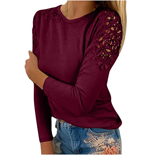 Damen Casual Tops, Pullover Elegant Rundhals Pullover Mit Spitzenärmeln Sweatshirt Mit Langen Ärmeln Lose Langarm-Rundhals-Top Hemd Schmal Geschnittenes T-Shirt Mit Spitzenausschnitt von Susenstone