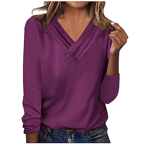 Damen Pullover, Bluse Women Elegant Solid V-Ausschnitt Langarm Casual Button Top Langarm Shirt Elegante Oberteile Einfarbige Vereinfachtes Design für Berufsbekleidung Langarmshirt Slim Fit von Susenstone