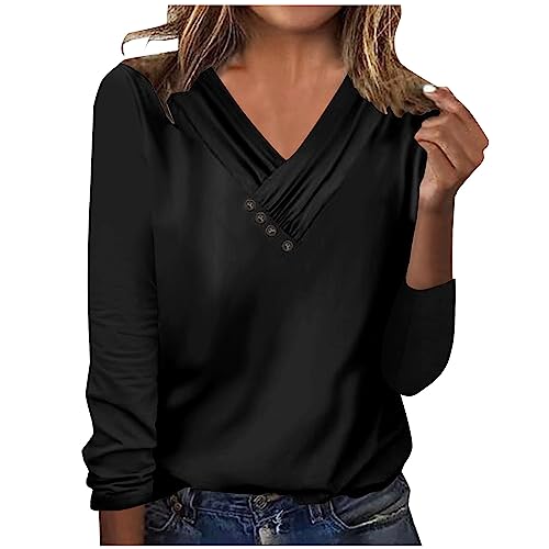 Damen Pullover, Bluse Women Elegant Solid V-Ausschnitt Langarm Casual Button Top Langarm Shirt Elegante Oberteile Einfarbige Vereinfachtes Design für Berufsbekleidung Langarmshirt Slim Fit von Susenstone