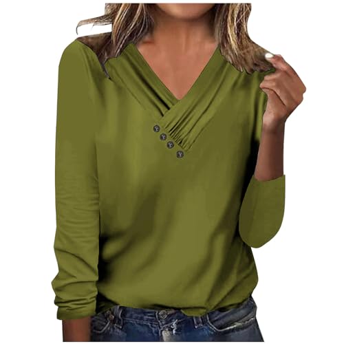 Damen Pullover, Bluse Women Elegant Solid V-Ausschnitt Langarm Casual Button Top Langarm Shirt Elegante Oberteile Einfarbige Vereinfachtes Design für Berufsbekleidung Langarmshirt Slim Fit von Susenstone