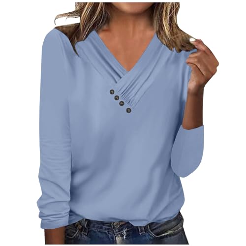 Damen Pullover, Bluse Women Elegant Solid V-Ausschnitt Langarm Casual Button Top Langarm Shirt Elegante Oberteile Einfarbige Vereinfachtes Design für Berufsbekleidung Langarmshirt Slim Fit von Susenstone