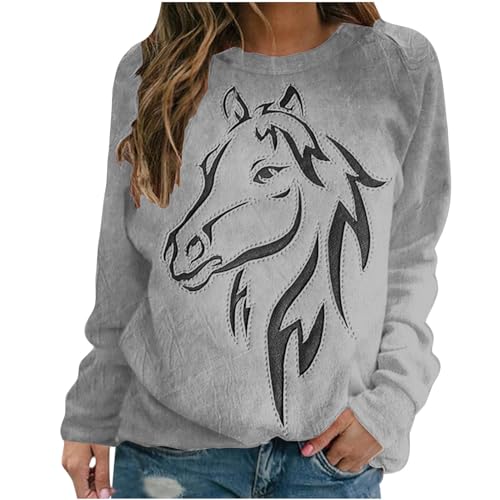 Damen Pullover Rundhals Pferd Element Drucken Sweatshirt Winter Warm Pferd Druck Druck Langarmshirt ohne Kapuze Sweatshirt Herbst Winter Freizeit Oberteile Casual Sport Pulli Tops von Susenstone