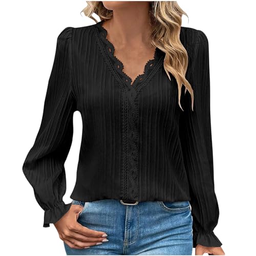 Damen Shirts Pullover Elegant Langarmshirts T-Shirts Herbst Einfarbig V-Ausschnitt Spitze Schicke Oberteile Damen Patchwork-Skelett Bubble-ÄRmel Tops Hemden Shirt Frauen Tshirt von Susenstone