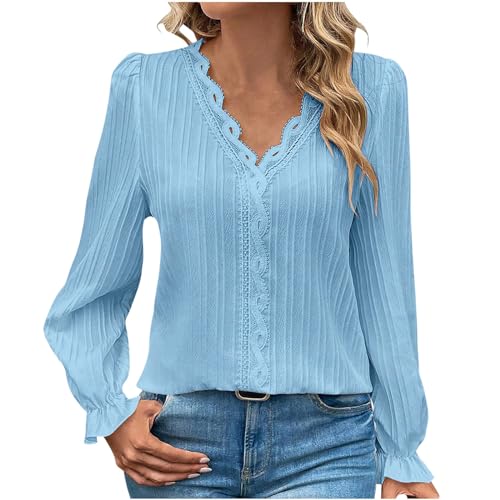 Damen Shirts Pullover Elegant Langarmshirts T-Shirts Herbst Einfarbig V-Ausschnitt Spitze Schicke Oberteile Damen Patchwork-Skelett Bubble-ÄRmel Tops Hemden Shirt Frauen Tshirt von Susenstone