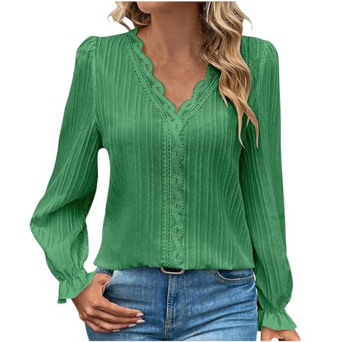 Damen Shirts Pullover Elegant Langarmshirts T-Shirts Herbst Einfarbig V-Ausschnitt Spitze Schicke Oberteile Damen Patchwork-Skelett Bubble-ÄRmel Tops Hemden Shirt Frauen Tshirt von Susenstone