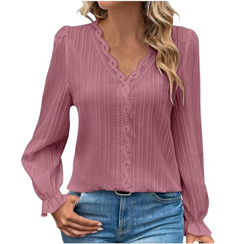 Susenstone Damen Shirts Pullover Elegant Langarmshirts T-Shirts Herbst Einfarbig V-Ausschnitt Spitze Schicke Oberteile Damen Patchwork-Skelett Bubble-ÄRmel Tops Hemden Shirt Frauen Tshirt von Susenstone