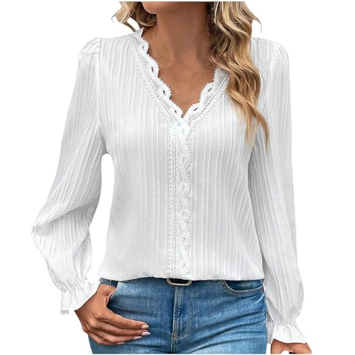 Damen Shirts Pullover Elegant Langarmshirts T-Shirts Herbst Einfarbig V-Ausschnitt Spitze Schicke Oberteile Damen Patchwork-Skelett Bubble-ÄRmel Tops Hemden Shirt Frauen Tshirt von Susenstone