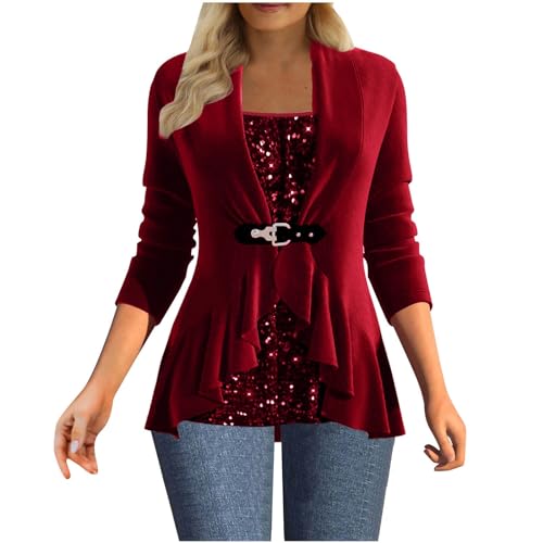 Damen Tops Herbst Winter Pullover Elegant Quadratischer Ausschnitt Pailletten Patchwork Casual T-Shirt Mit Loser Rüsche Rand Und Taille Cinched Saum Top Mit Quadratischem Ausschnitt von Susenstone