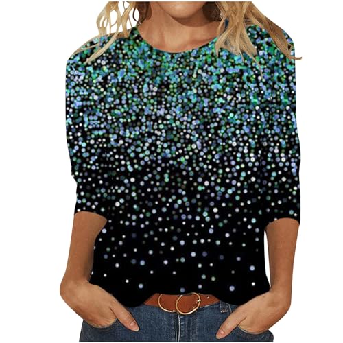 Damen V-Ausschnitt 3/4 Ärmel Bluse, Festliche Oberteile Glitzer, Pullover Elegant Woman Tops Y2K Locker Geschnittenes T-Shirt Mit Glitzerdruck LangäRmelige Blusen Rundhalsausschnitt von Susenstone