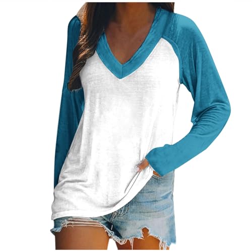 Damen V-Ausschnitt Tops, Sweatshirt Ohne Kapuze Langarmshirt Slim Fit Damen Y2K Oberteile Langarm Shirts LäSsig Pullover Solide Farbe Patchwork Ärmel T-Shirt Stehkragen Shirts FrüHling von Susenstone