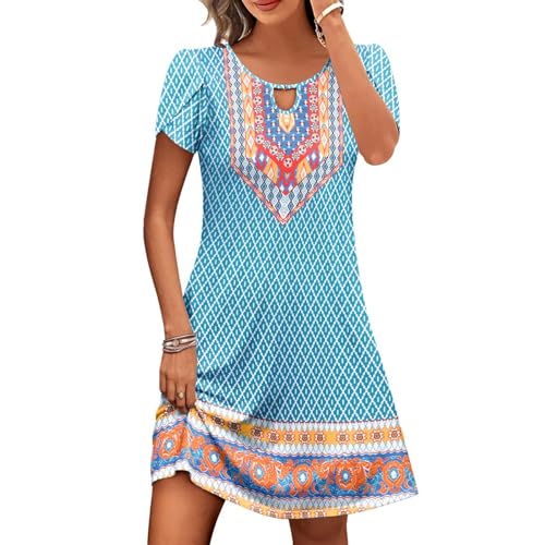 Elegante Sommerkleider Damen Strandkleider Knielang Kurzarmkleid Tank Top Kleid Lässiges Sommerkleider Teenager Mädchen Swing Trägerkleid Kleider Lockeres Bedrucktes Strandkleid Damen Große Größen von Susenstone