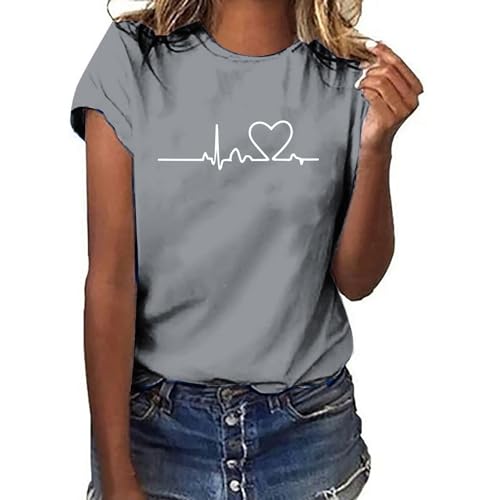 Elektrokardiogramm Ausgedruckt Tops Damen Sommer T-Shirts Kurzarm Sportshirt Elegante Pullover Teenager Bluse Basic Crop Top Sale Angebote Einfaches Casual Tshirt Oversize Vielseitiges Oberteil von Susenstone