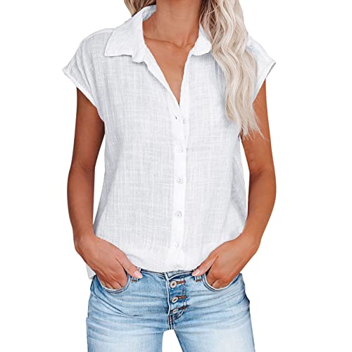 Kurzarm Shirt Damen Bluse Elegant Sale Angebote Sommer Hemdbluse Damen Leinenbluse Longbluse Business Tops Teenager Mädchen Baumwolle Leinen Oberteile Einfarbiges Knopfhemd Leinenhemd T-Shirt von Susenstone