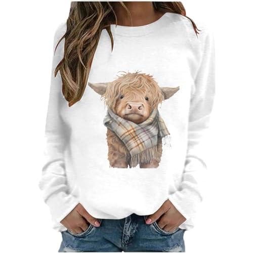 Langarmshirt Damen, Long Sleeve Tshirt Niedliche Kuh Druck Skims Shirt Bedruckte Oberteile Sweatshirt Mit Langen ÄRmeln Rundhalsausschnitt Ärmel Normale Schlanke Passform FrüHling Herbst von Susenstone