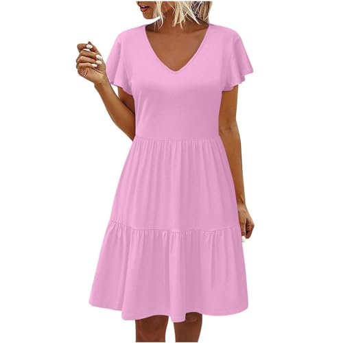 Midi Freizeitkleid Damen Sommerkleid Knielanges Kleid Einfarbiges Sommerkleider Teenager Mädchen Rüschen Lose Strandkleid Lang V-Ausschnitt Und Kurzen Ärmeln A-Linie Kleider Damen Strandkleid von Susenstone