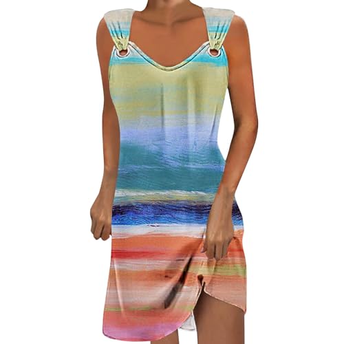 Sommerkleid Damen Knielang Elegantes Strapskleid Bedrucktes Kleid Lange Sommerkleider Schultergurt Mit Schnalle Strandkleid Damen Luftig Freizeit Strandkleider Teenager Mädchen Festlich Kleider von Susenstone