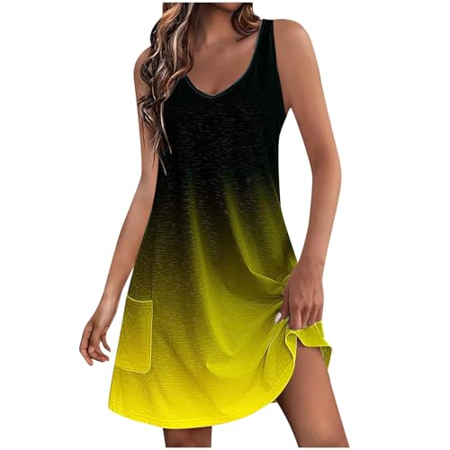 Strandkleid Damen Sommer Trägerkleid V-Ausschnitt Sommerkleider Damen Knielang Lässiges Kleider mit Taschen Sommerkleid Teenager MäDchen Freizeitkleid ärmelloses Kleid Lockeres Tank Top Kleid von Susenstone