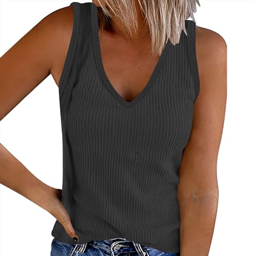 Strick Damen Tank Top Sommer Gestrickt Ribbed Einfarbig Cami Oberteile Ärmellose V Ausschnitt Shirt Blusen Top Tunika Damen Strand Bluse Strand Bluse Oberteile Lässiges Shirt locker von Susenstone