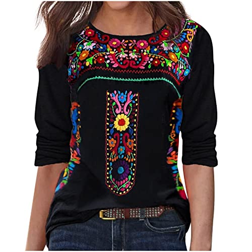 Susenstone Damen Bluse Langarm Rundhals Vintage Bedrucktes Top Bohemian Tops Besticktes Folklore Bluse mit Stickerei für Frauen mit Blumenmuster Sommer Boho Stickerei Tops von Susenstone