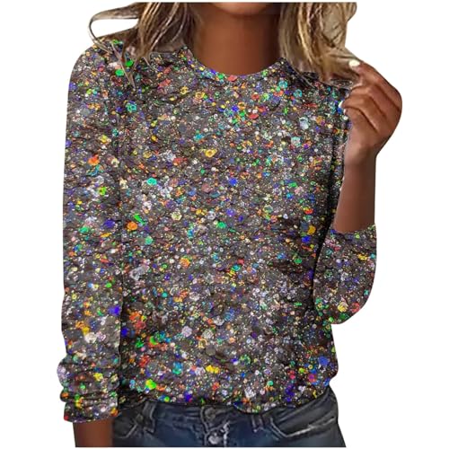 Susenstone Damen Pailletten Tops Glitzer Oberteile Damen Party Sweatshirt Damen Ohne Kapuze LäSsiger Glitzer-Pullover Mit Bedruckten Schultern Und Langen ÄRmeln Rundhalsausschnitt Tshirt von Susenstone