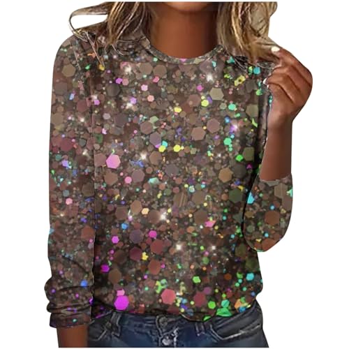 Susenstone Damen Pailletten Tops Glitzer Oberteile Damen Party Sweatshirt Damen Ohne Kapuze LäSsiger Glitzer-Pullover Mit Bedruckten Schultern Und Langen ÄRmeln Rundhalsausschnitt Tshirt von Susenstone