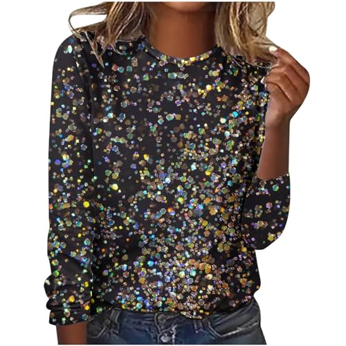 Susenstone Damen Pailletten Tops Glitzer Oberteile Damen Party Sweatshirt Damen Ohne Kapuze LäSsiger Glitzer-Pullover Mit Bedruckten Schultern Und Langen ÄRmeln Rundhalsausschnitt Tshirt von Susenstone