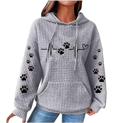 Susenstone Pullover Damen Kapuzenpullover Hoodie Hund Pfote Herz Drucken Rundhals Langarm Sweatshirt mit Kapuze Herbst Winter Warm Pulli Oberteile Mode Waffel Kapuzenpulli mit Taschen Outwear von Susenstone