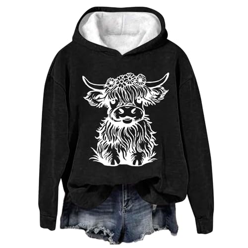 Susenstone Sweatshirt Damen Mit Kapuze, Kuh Bedrucktes Top Hoodie Damen Oberteile Teenager Mädchen Oversize Sweatshirts Einfarbig Bedruckt Pullover Top Langarm Rundhals Tierische Drucke Casual Tshirt von Susenstone