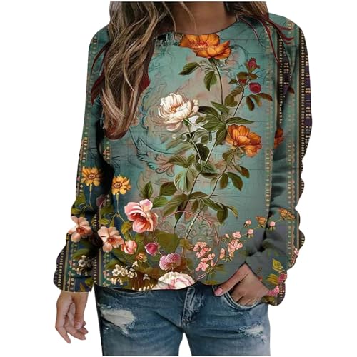 Sweatshirt Damen, Langärmliges Oberteil Damen Elegant Bluse Damen Langarm Retro-Stil mit Aufdruck Shirt Oberteile Teenager Mädchen Rundhalsausschnitt Basic Langarmshirt Sale Angebote von Susenstone