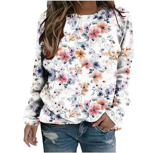 Sweatshirt Damen, Langärmliges Oberteil Damen Elegant Bluse Damen Langarm Retro-Stil mit Aufdruck Shirt Oberteile Teenager Mädchen Rundhalsausschnitt Basic Langarmshirt Sale Angebote von Susenstone