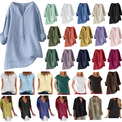 T-Shirt Damen Leinen Bluse Lang Longbluse Große Größen Oversize Langarm Lose Leinenbluse V-Ausschnitt Knopf Einfarbig Blusen Hemd Shirt Sommer Herbst Longshirt Oberteile Tunika Lang Tops für Leggings von Susenstone