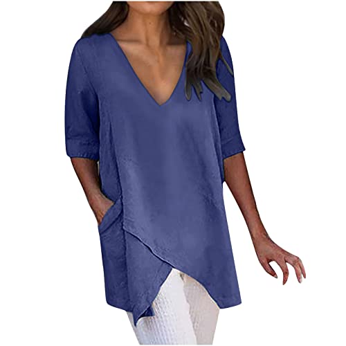 T-Shirt Damen Leinen Bluse Lang Longbluse Große Größen Oversize Langarm Lose Leinenbluse V-Ausschnitt Knopf Einfarbig Blusen Hemd Shirt Sommer Herbst Longshirt Oberteile Tunika Lang Tops für Leggings von Susenstone