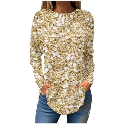 Tops Damen, Langärmelige Bedruckte Bluse für Frauen Glitzer Oberteile Damen T-Shirt Mit Rundhalsausschnitt Top Hemd Longtops Lang Pullover Elegant Lockeres Casual Sweatshirt FrüHling Sommer von Susenstone