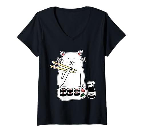 Damen Süße Katze Maki & Nigiri Sushi Essstäbchen, japanischer Lebensmittelliebhaber T-Shirt mit V-Ausschnitt Damen Süße Katze Maki & Nigiri Sushi Essstäbchen, japanischer Lebensmittelliebhaber T-Shirt mit V-Ausschnitt von Sushi Cat Designs