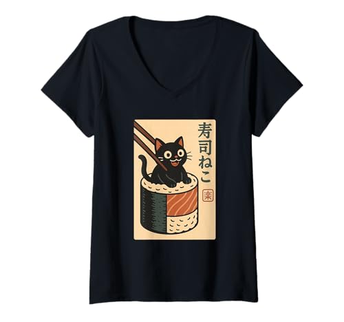 Damen Süße Schwarze Katze in Sushi-Rolle, japanische Lebensmittelkunst T-Shirt mit V-Ausschnitt Damen Süße Schwarze Katze in Sushi-Rolle, japanische Lebensmittelkunst T-Shirt mit V-Ausschnitt von Sushi Cat Roll Japanese Food Lover Apparel