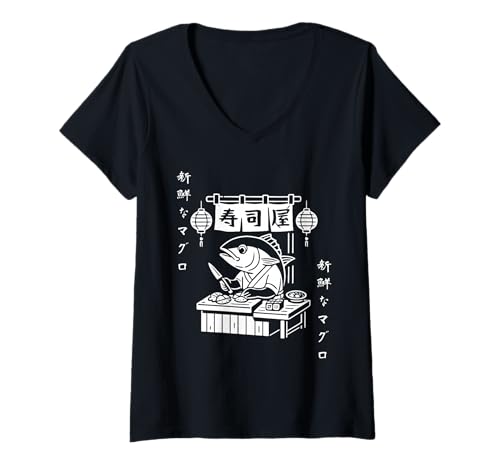 Damen Japanischer Sushi Chef Sushi Fisch Harajuku Manga T-Shirt mit V-Ausschnitt Damen Japanischer Sushi Chef Sushi Fisch Harajuku Manga T-Shirt mit V-Ausschnitt von Sushi Chef Tuna Fish Harajuku Aesthetic Minimal