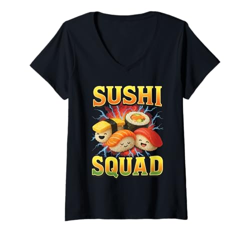 Damen Sushi-Truppe T-Shirt mit V-Ausschnitt Damen Sushi-Truppe T-Shirt mit V-Ausschnitt von Sushi Food