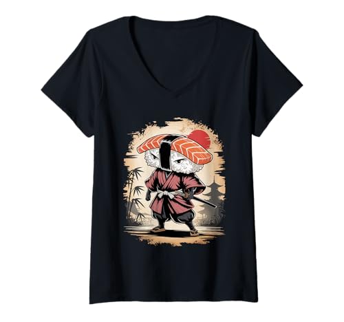 Damen Samurai Sushi Roll Funny Anime Japanische Vintage Ukiyo-e Art T-Shirt mit V-Ausschnitt Damen Samurai Sushi Roll Funny Anime Japanische Vintage Ukiyo-e Art T-Shirt mit V-Ausschnitt von Sushi Katana Threads