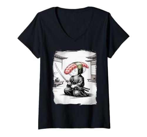Damen Samurai Sushi Roll Funny Anime Japanische Vintage Ukiyo-e Art T-Shirt mit V-Ausschnitt Damen Samurai Sushi Roll Funny Anime Japanische Vintage Ukiyo-e Art T-Shirt mit V-Ausschnitt von Sushi Katana Threads