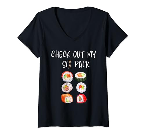 Damen Schau dir meine lustige japanische Sushi-Kleidung im Sixpack an T-Shirt mit V-Ausschnitt Damen Schau dir meine lustige japanische Sushi-Kleidung im Sixpack an T-Shirt mit V-Ausschnitt von Sushi Making Funny Tee