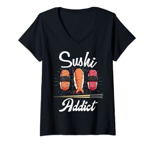 Damen Sushi lustiges japanisches T-Shirt mit V-Ausschnitt von Sushi-Süchtiger