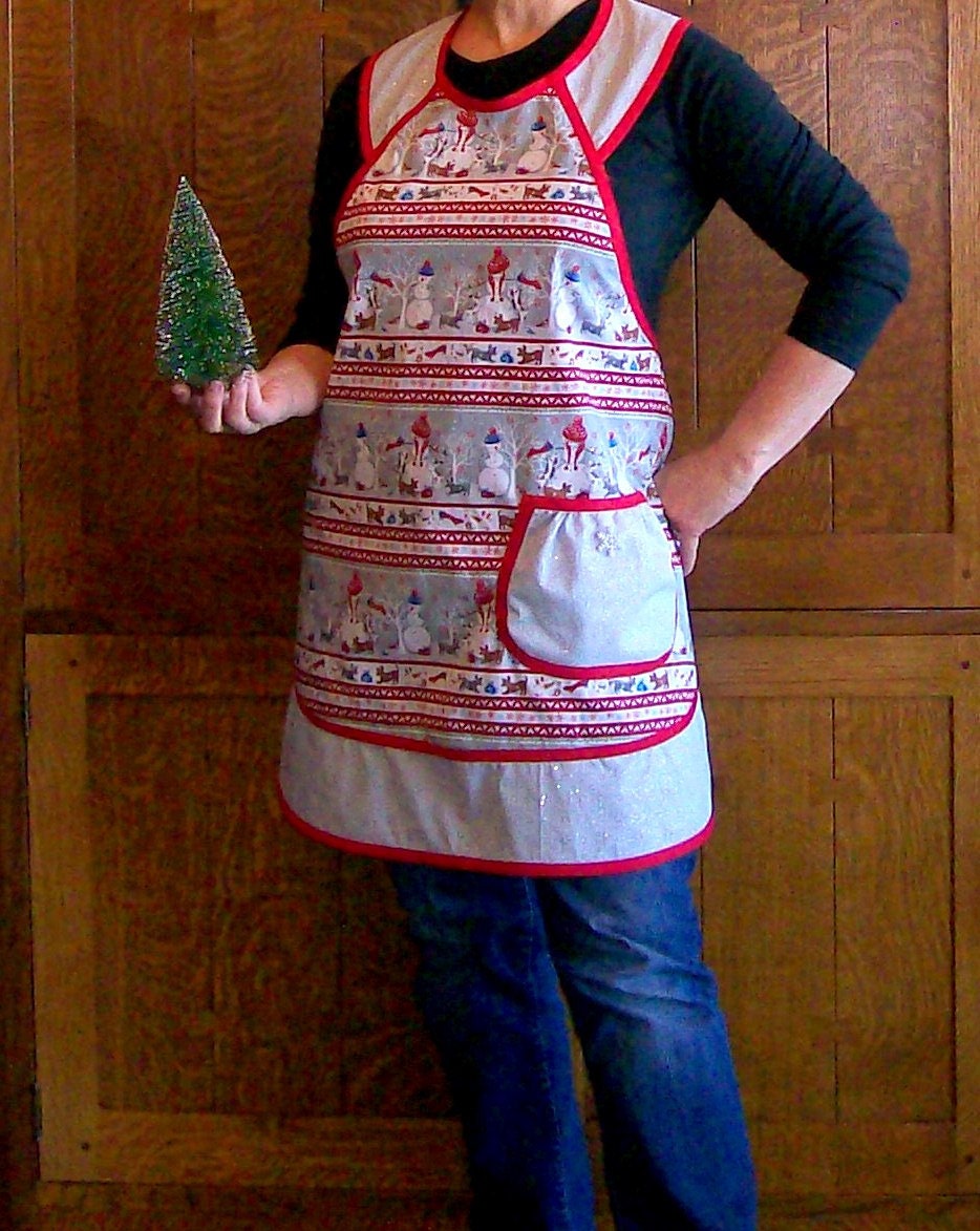 Glitzernde Schneemann Weihnachtsschürze - Rot Und Silber, Erwachsene Größe M von SusiesTieOneOnAprons